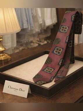 Vintage Christian Dior Monsieur Silk Tie Burgundy Geometric Floral 70s 80s